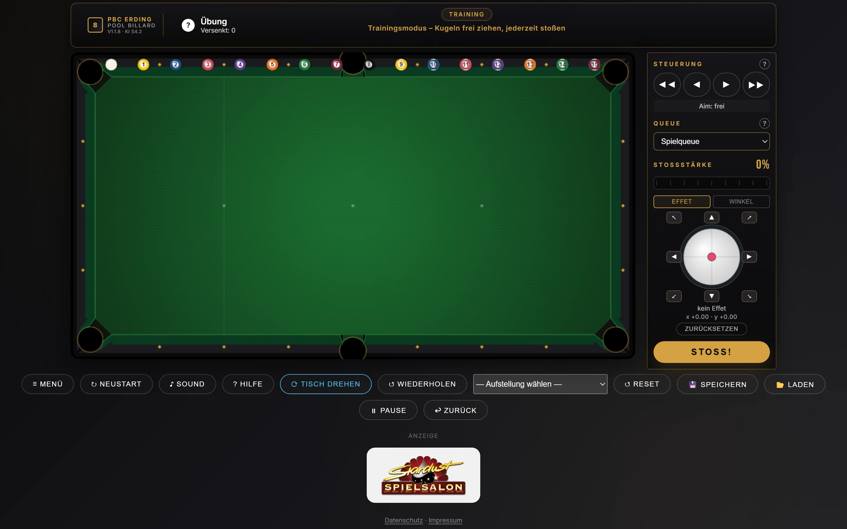 Freies Training nach dem Start: leerer Tisch, alle 16 Kugeln als Vorrat oberhalb des Spielfelds, unten die Button-Leiste mit Reset, Aufstellung wählen, Speichern und Laden