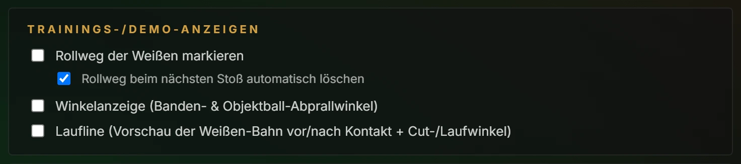 Menü-Ausschnitt Trainings-/Demo-Anzeigen mit den drei Häkchen Rollweg der Weißen markieren, Winkelanzeige und Laufline