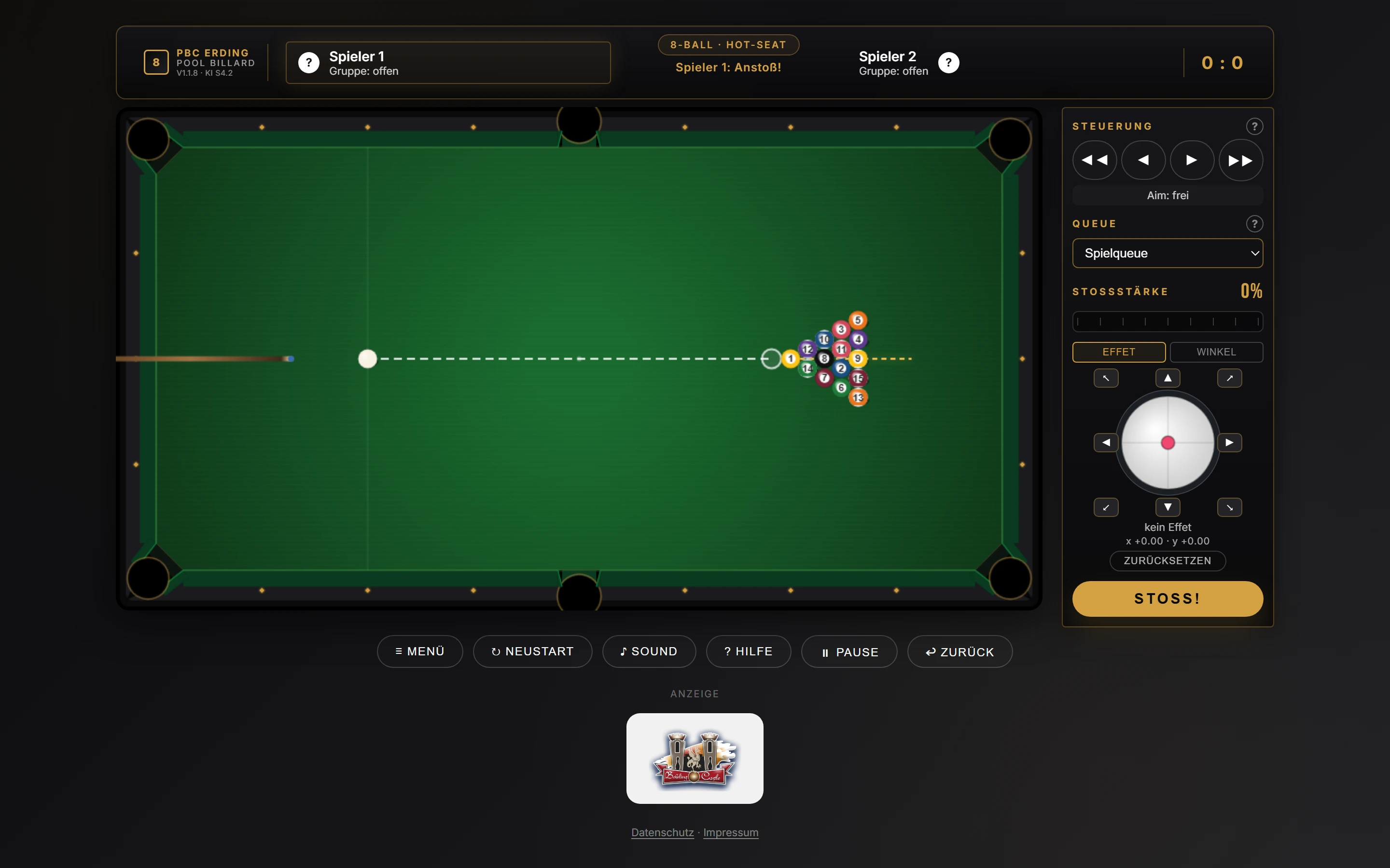 Spielansicht am PC bei 8-Ball: Scoreboard oben, Billardtisch in der Mitte, Steuerungspanel rechts, Button-Leiste und Unterstützer-Anzeige unten