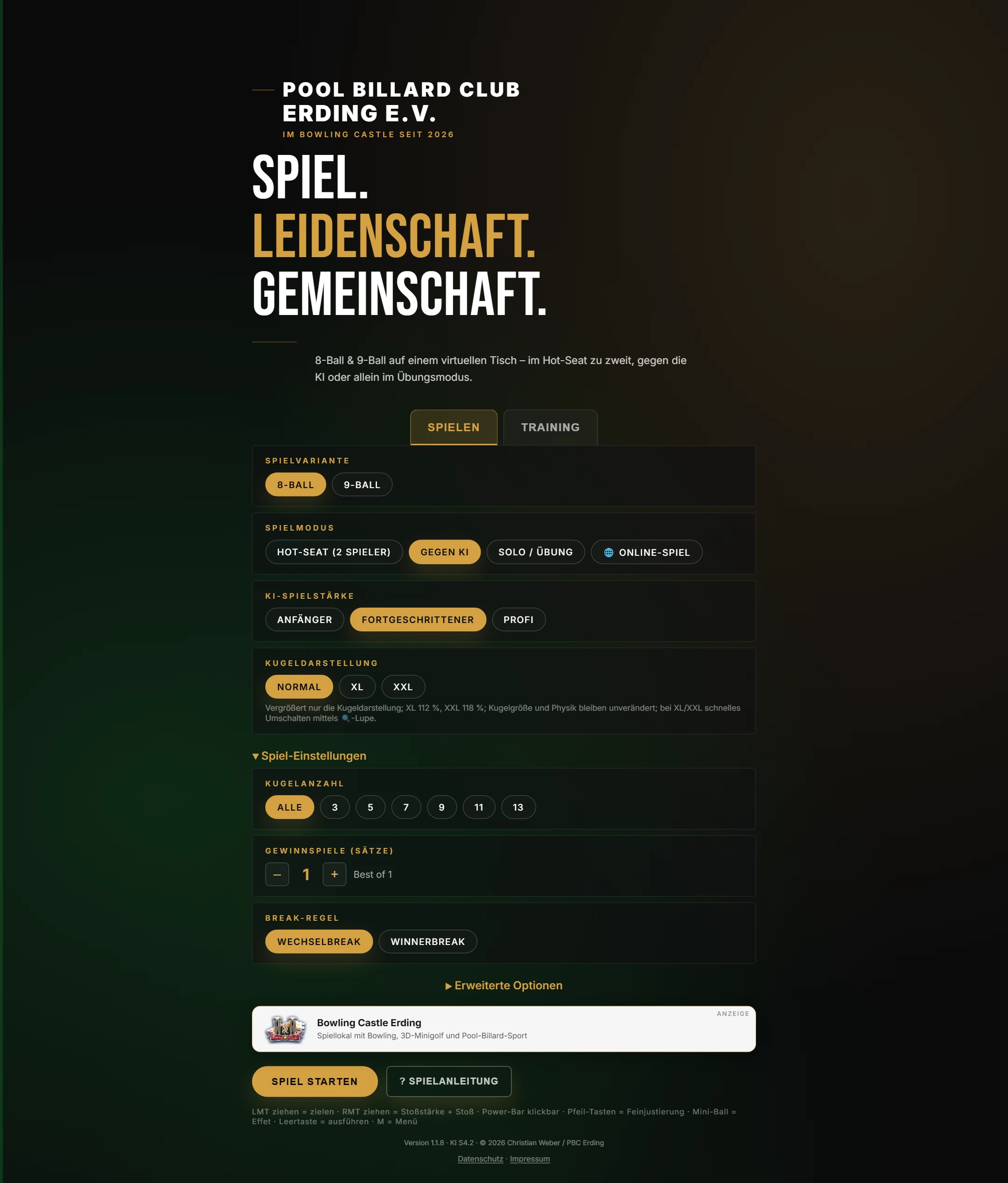 Startmenü im Register Spielen: 8-Ball gewählt, Spielmodus Gegen KI mit KI-Spielstärke, darunter aufgeklappte Spiel-Einstellungen und der Knopf Spiel starten
