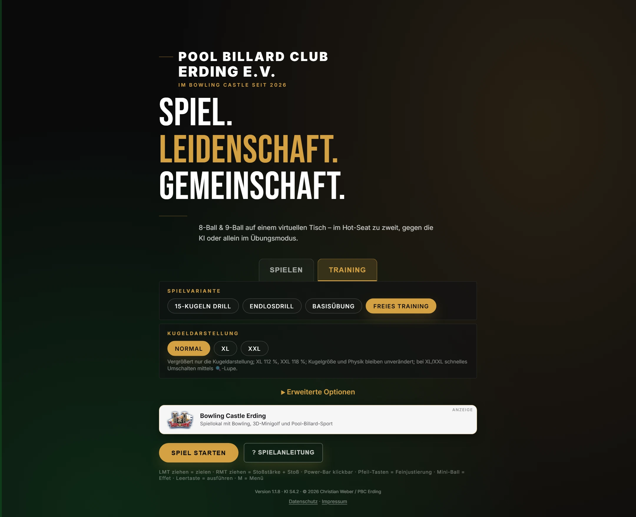 Startmenü im Register Training: die vier Übungsvarianten, Freies Training ausgewählt