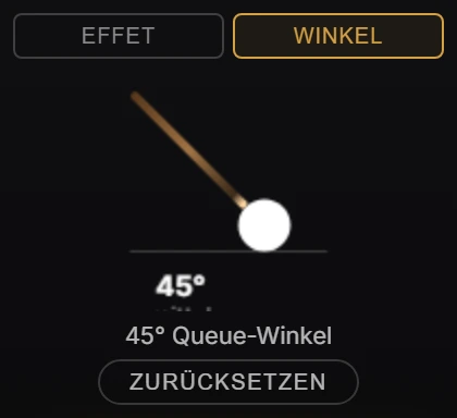 Winkel-Pad im Steuerungspanel: Queue-Grafik in 45-Grad-Stellung über der Weißen, darunter die Beschriftung 45 Grad Queue-Winkel