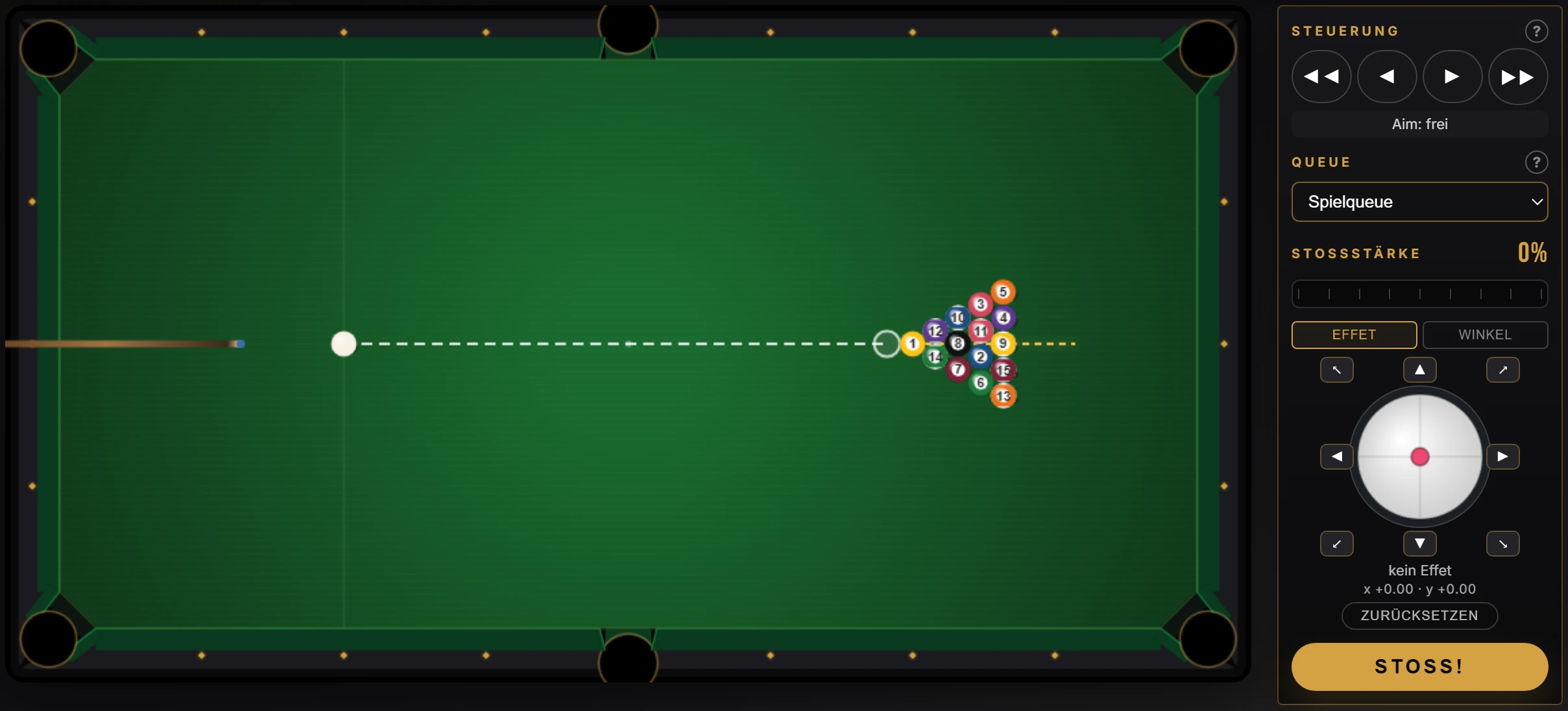 Zielansicht: gestrichelte Ziellinie von der Weißen zum Rack, der halbtransparente Ghostball markiert den Kontaktpunkt